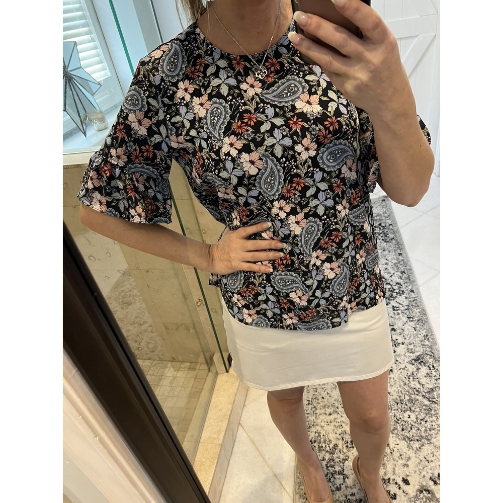 NWT Loft Women Blue Pink Floral Paisley Bell Sleeve Blouse Top Small 510595